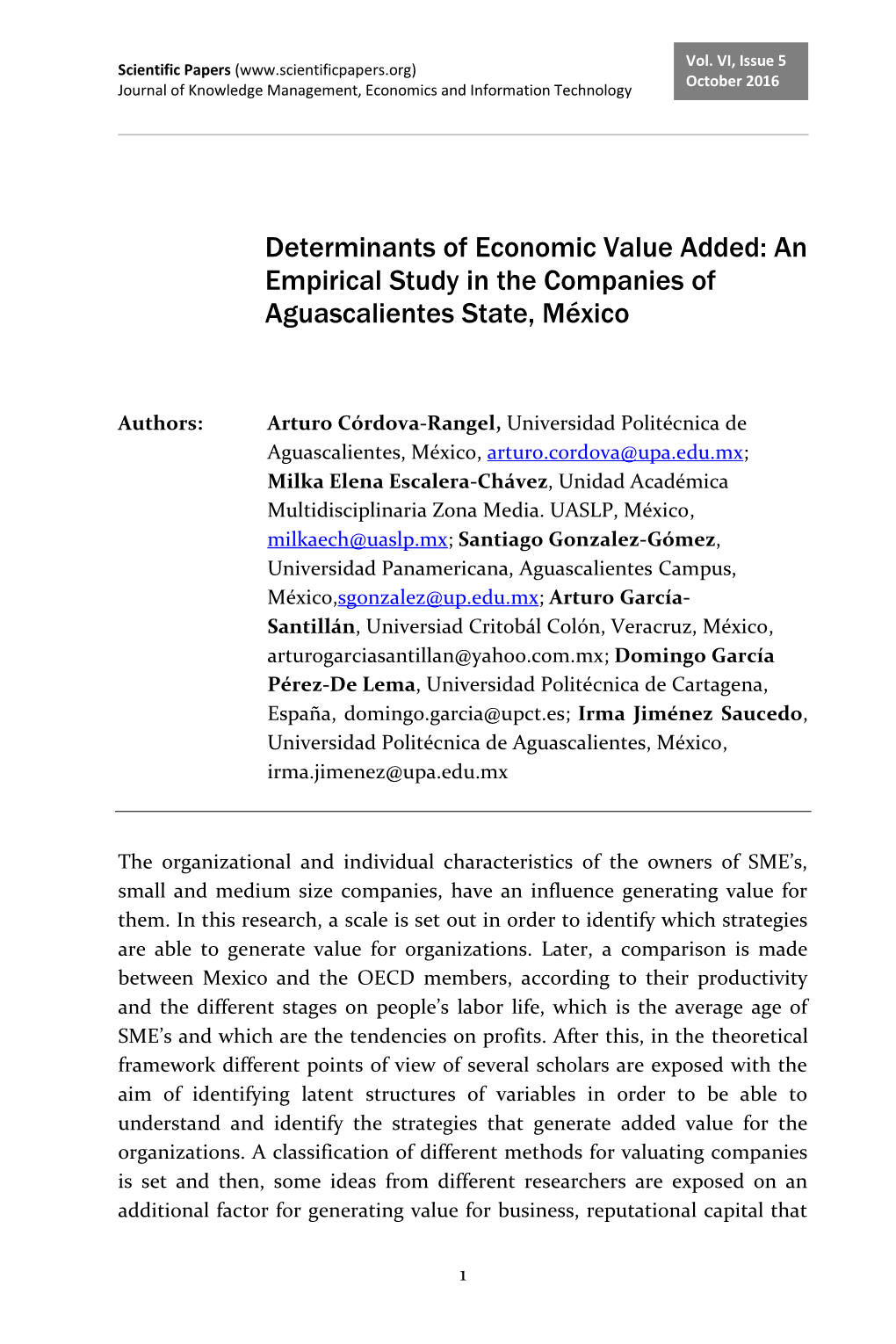 Determinants of Economic Value Added: an Empirical Study in the Companies of Aguascalientes State, México