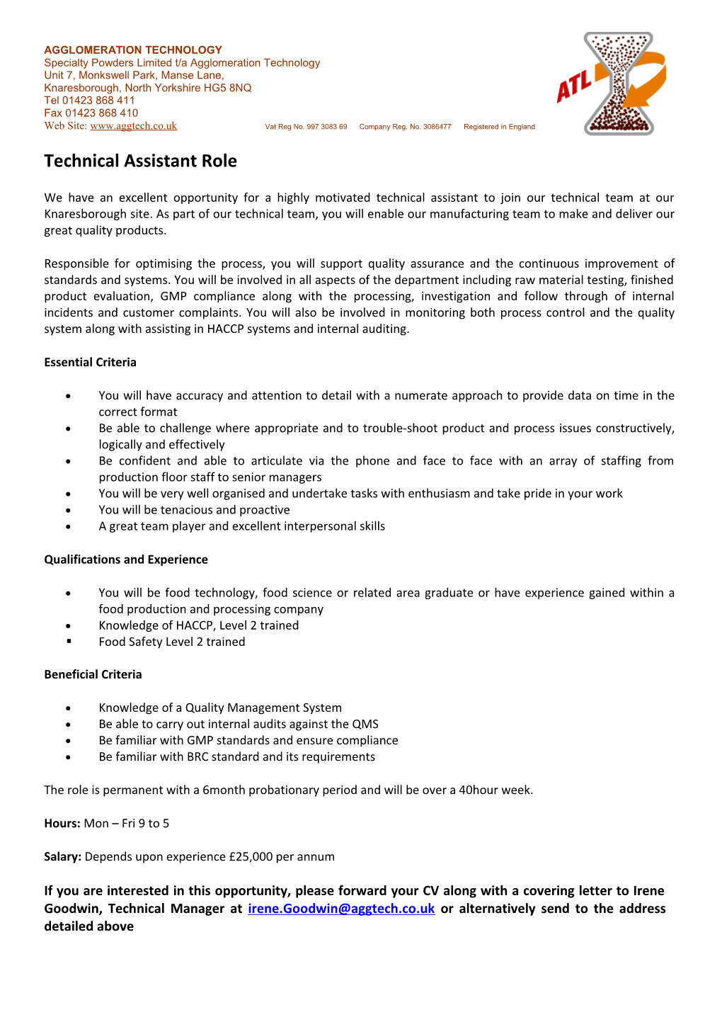 AGGLOMERATION TECHNOLOGY Specialty Powders Limited T/A Agglomeration Technology