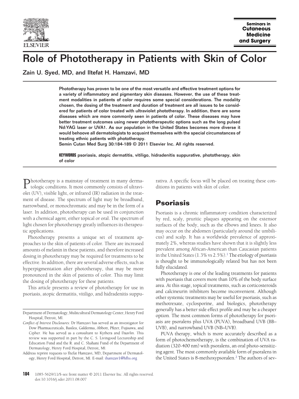 Role of Phototherapy in Patients with Skin of Color Zain U