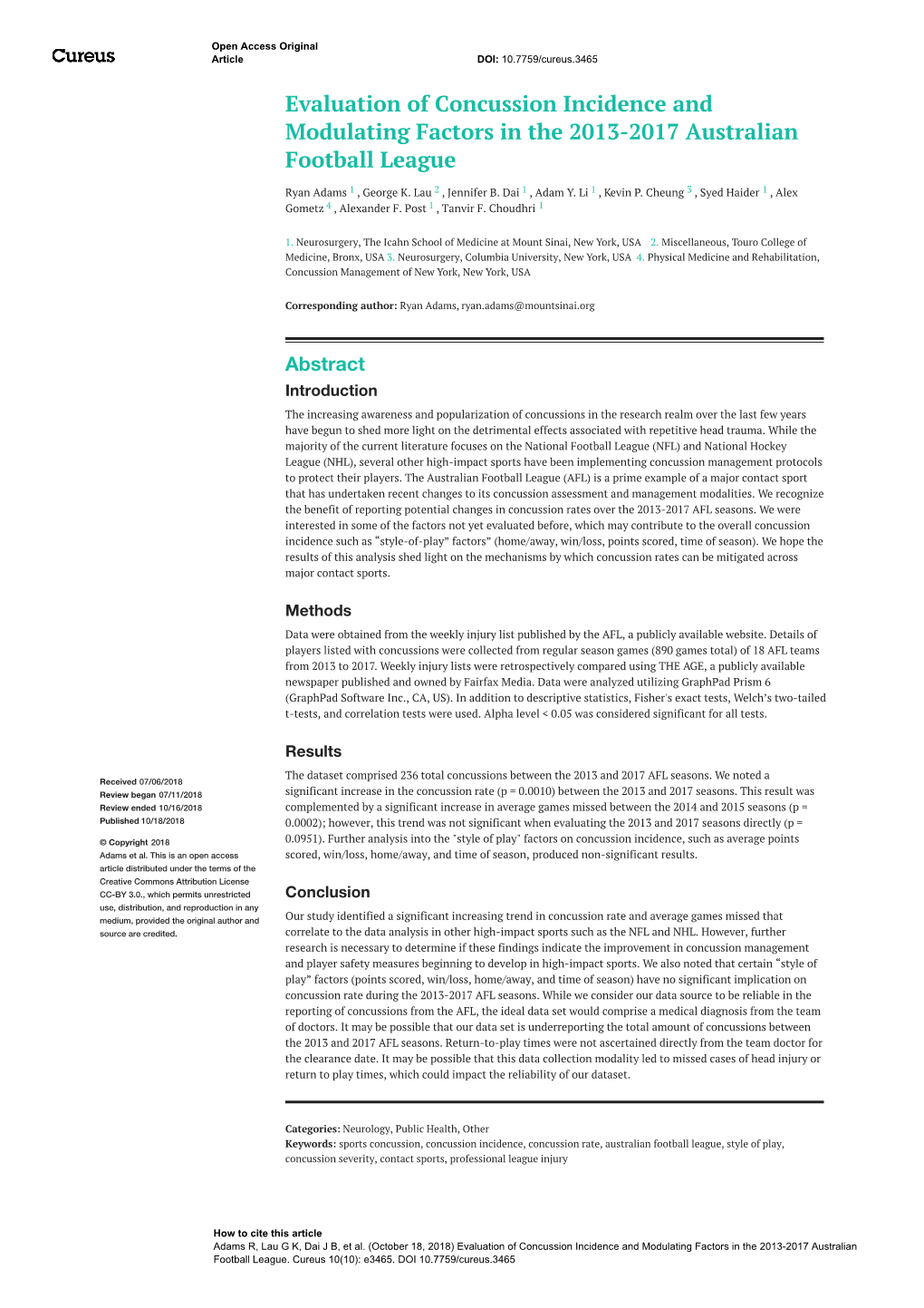 Evaluation of Concussion Incidence and Modulating Factors in the 2013-2017 Australian Football League