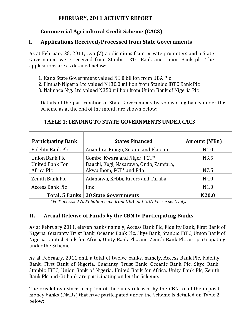 Commercial Agricultural Credit Scheme Report for February, 2011