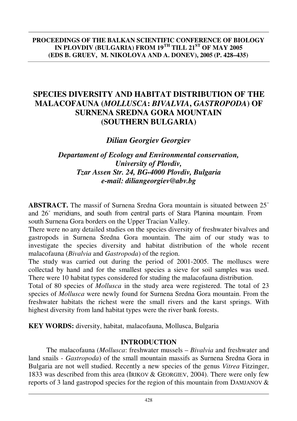 Species Diversity and Habitat Distribution of the Malacofauna (Mollusca: Bivalvia, Gastropoda) of Surnena Sredna Gora Mountain (Southern Bulgaria)