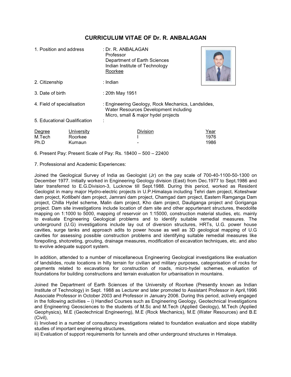 CURRICULUM VITAE of Dr. R. ANBALAGAN