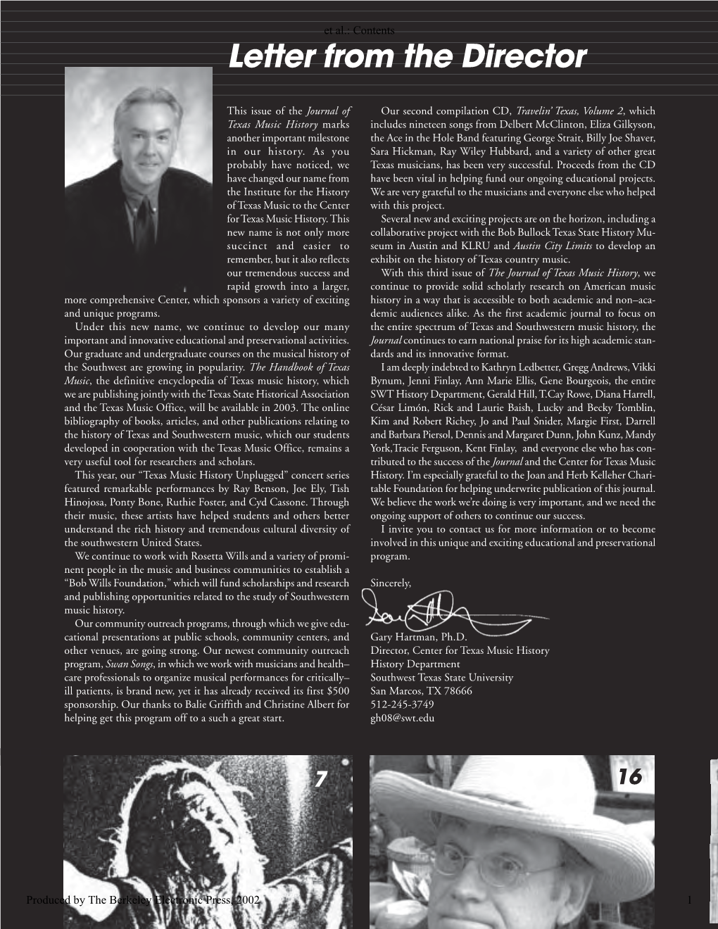 Journal of Texas Music History, Vol. 2, No. 1 (Spring 2002) Contents