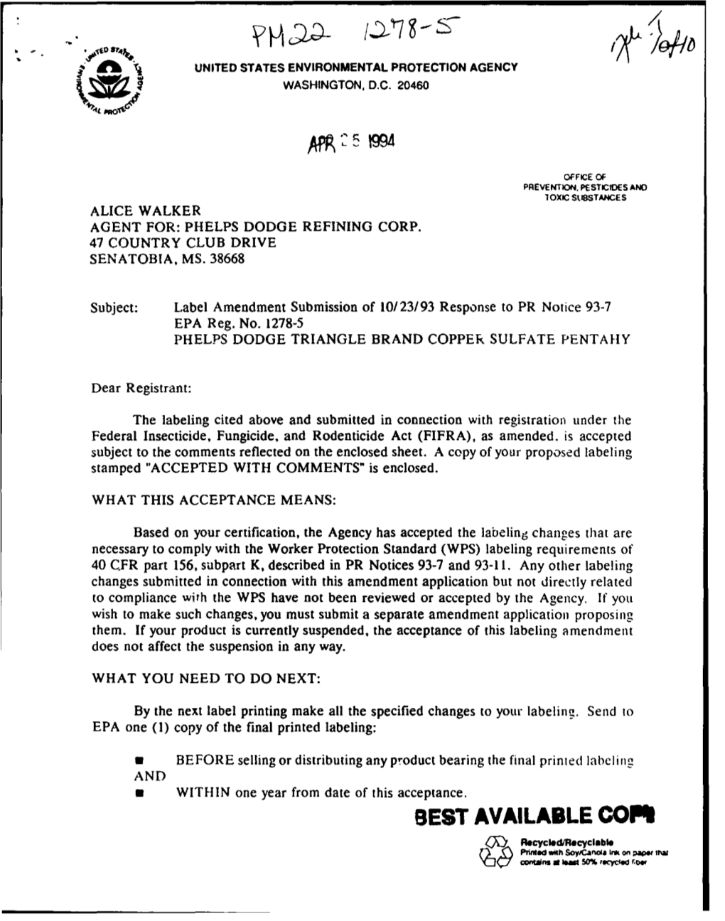 U.S. EPA, Pesticide Product Label, TRIANGLE BRAND COPPER SULFATE INSTANT POWDER, 04/25/1994