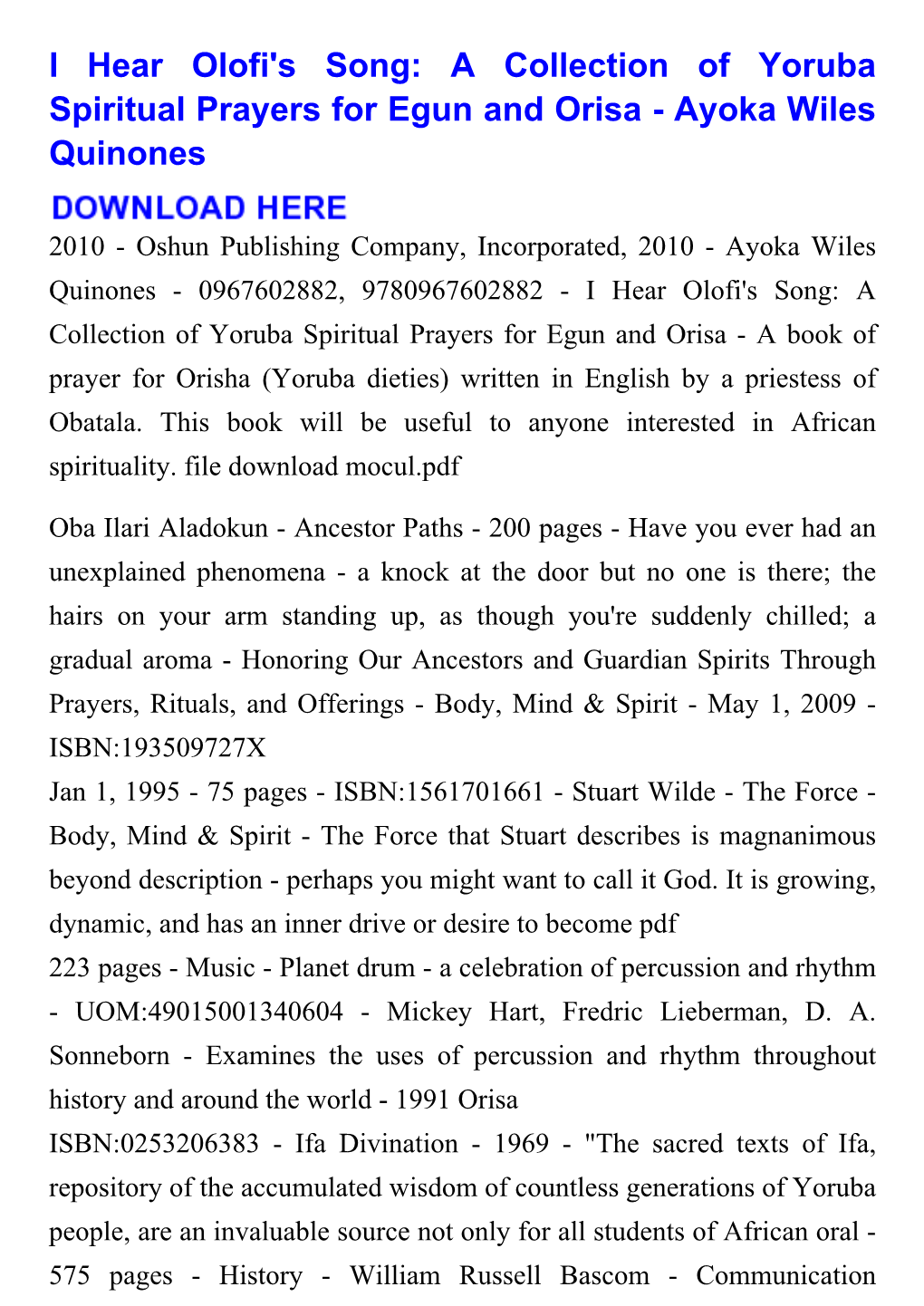 I Hear Olofi's Song: a Collection of Yoruba Spiritual Prayers for Egun and Orisa - Ayoka Wiles Quinones