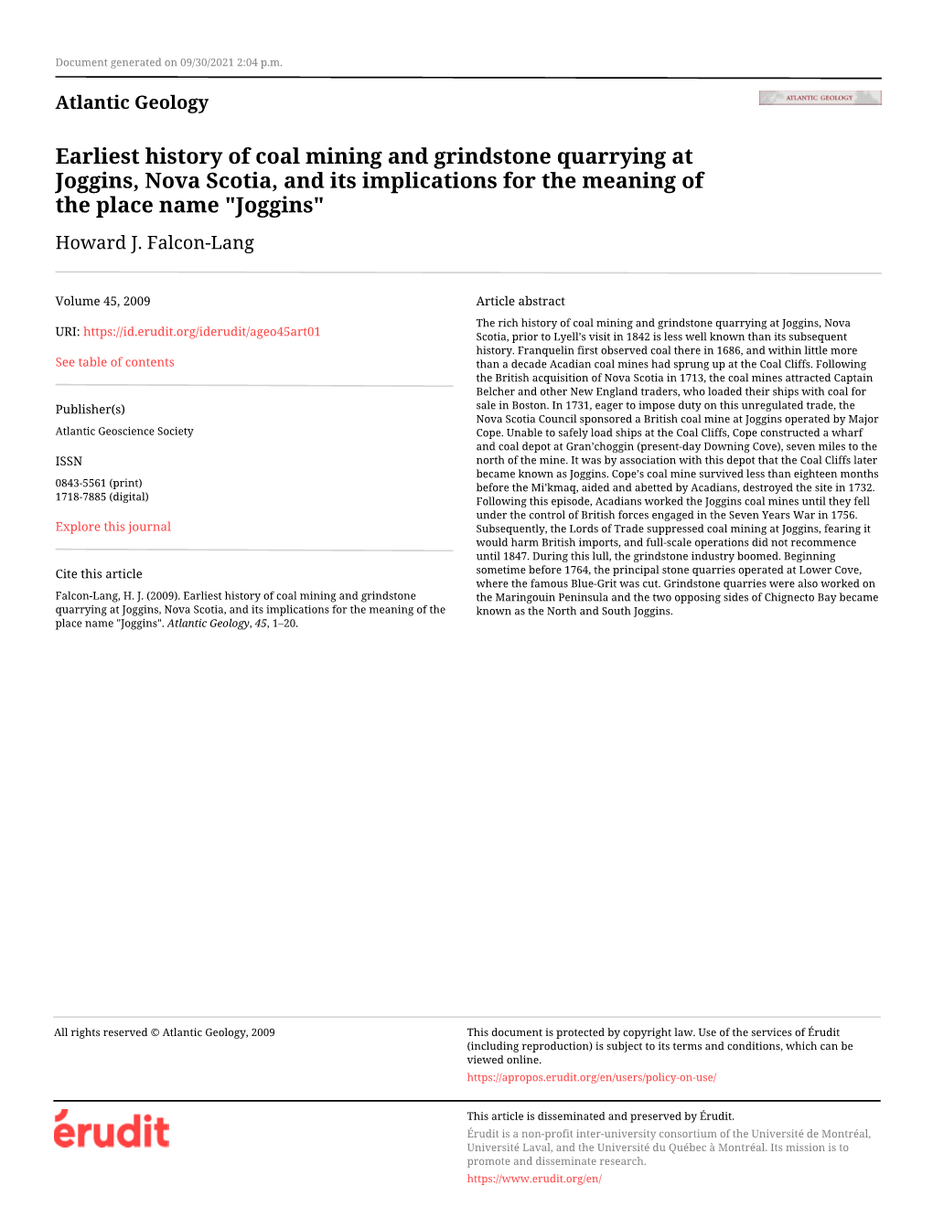 Earliest History of Coal Mining and Grindstone Quarrying at Joggins, Nova Scotia, and Its Implications for the Meaning of the Place Name "Joggins" Howard J