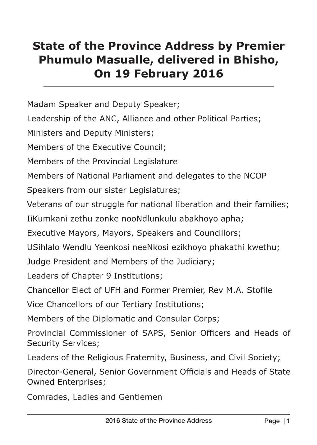 State of the Province Address by Premier Phumulo Masualle, Delivered in Bhisho, on 19 February 2016