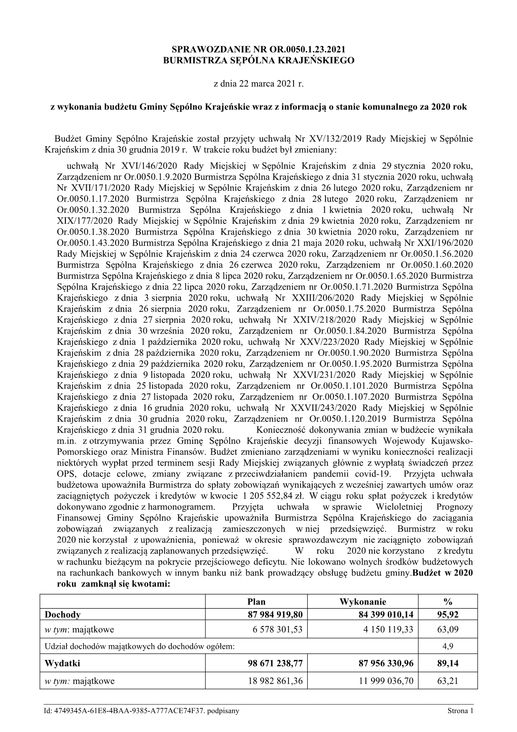 Sprawozdanie Nr Or.0050.1.23.2021 Burmistrza Sępólna Krajeńskiego
