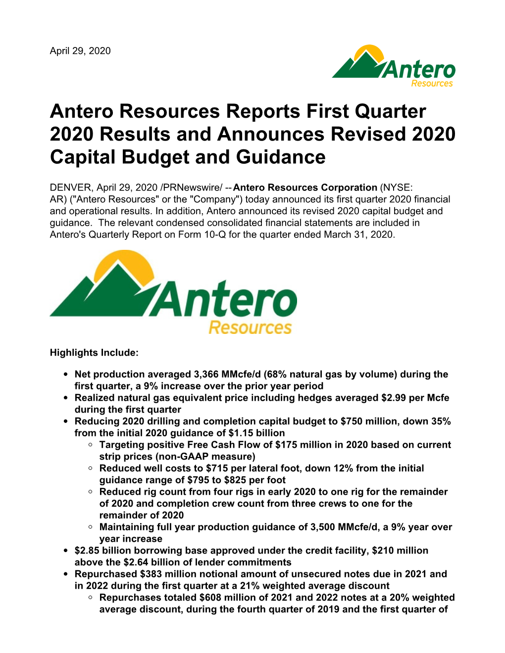 Antero Resources Reports First Quarter 2020 Results and Announces Revised 2020 Capital Budget and Guidance