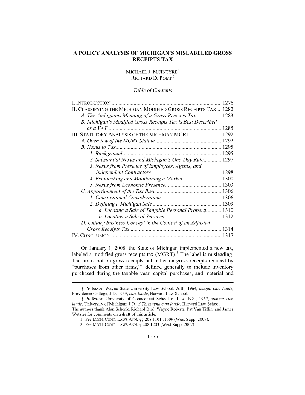 A Policy Analysis of Michigan's Mislabeled Gross Receipts