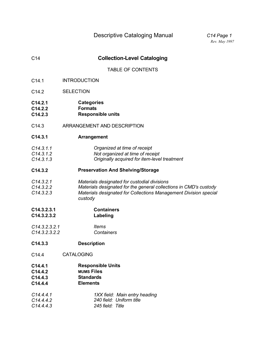 Descriptive Cataloging Manual C14 Page 1 Rev