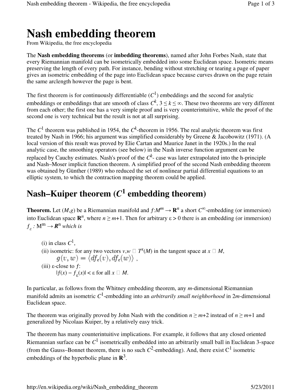 Nash Embedding Theorem - Wikipedia, the Free Encyclopedia Page 1 of 3