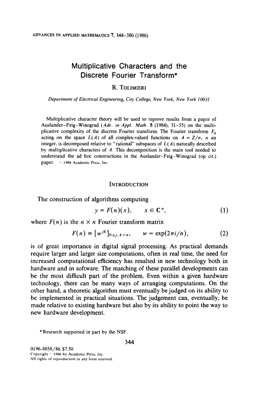 Multiplicative Characters and the Discrete Fourier Transform*