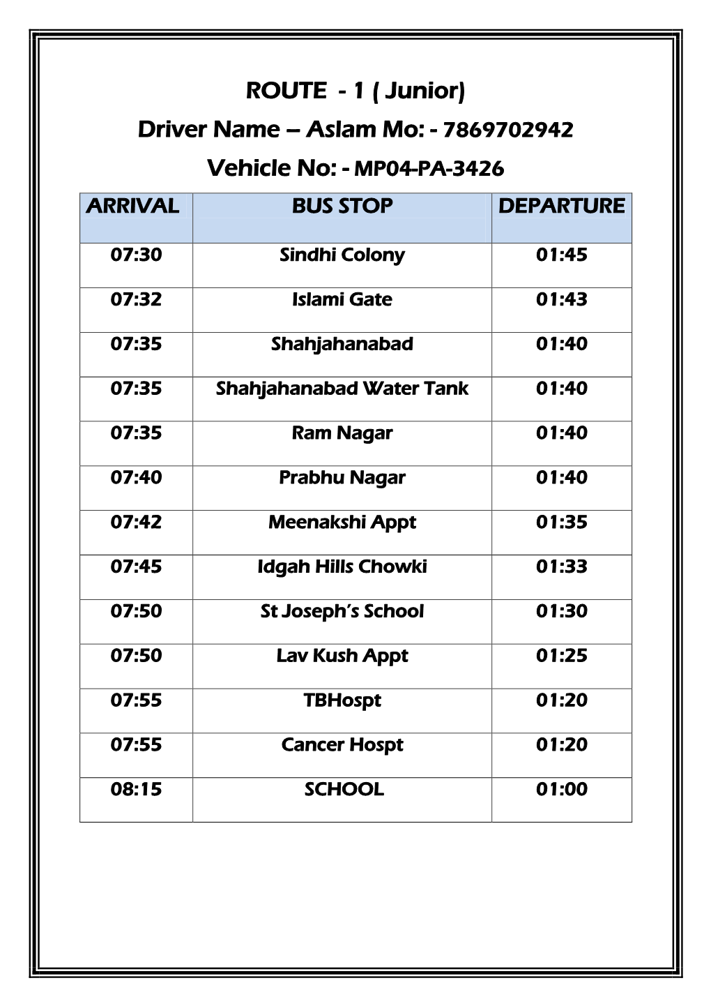 ROUTE - 1 ( Junior) Driver Name – Aslam Mo: - 7869702942 Vehicle No: - MP04-PA-3426 ARRIVAL BUS STOP DEPARTURE