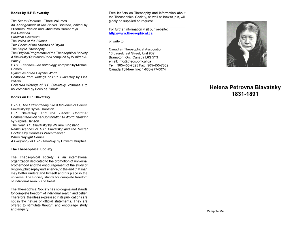 Helena Petrovna Blavatsky 1831-1891 Books on H.P