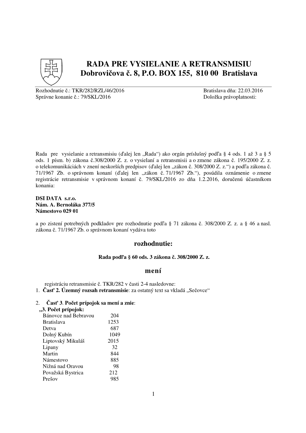 TKR/282/RZL/46/2016 Bratislava D Ňa: 22.03.2016 Správne Konanie Č.: 79/SKL/2016 Doložka Právoplatnosti