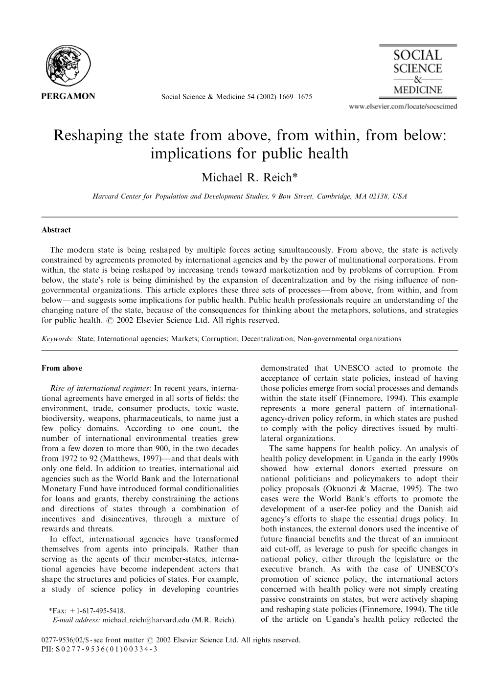 Reshaping the State from Above, from Within, from Below: Implications for Public Health Michael R