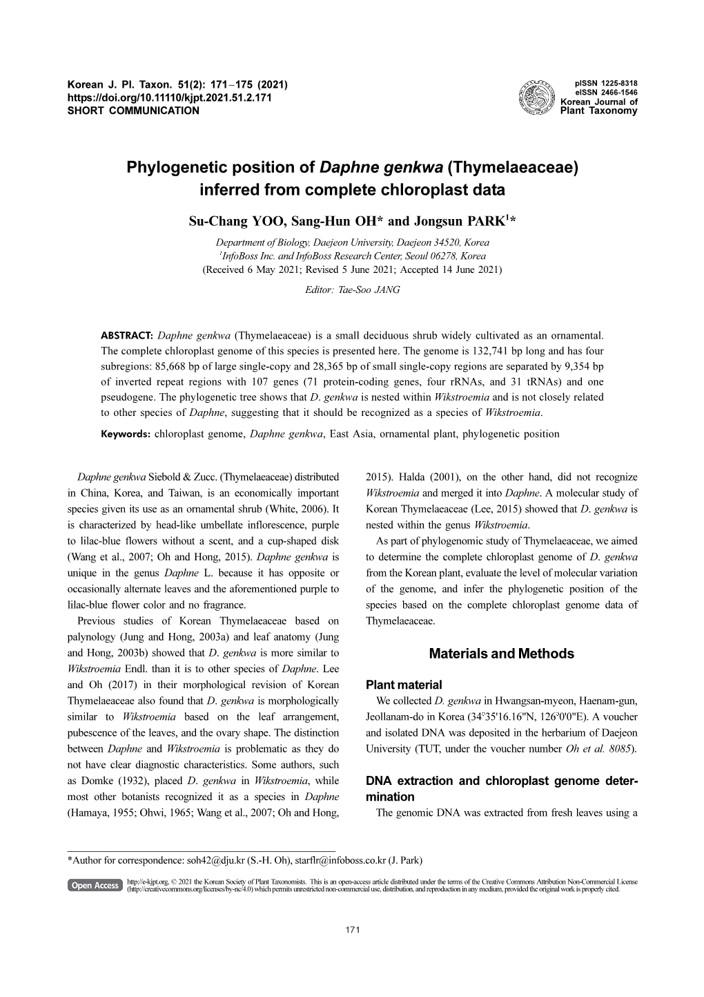 Phylogenetic Position of Daphne Genkwa (Thymelaeaceae) Inferred from Complete Chloroplast Data