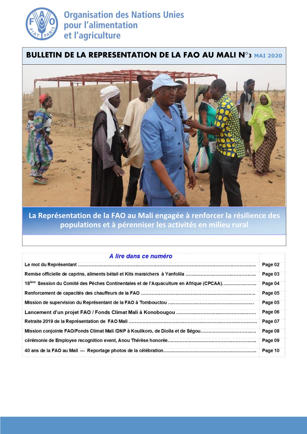 La Représentation De La FAO Au Mali Engagée À Renforcer La Résilience Des Populations Et À Pérenniser Les Activités En Milieu Rural