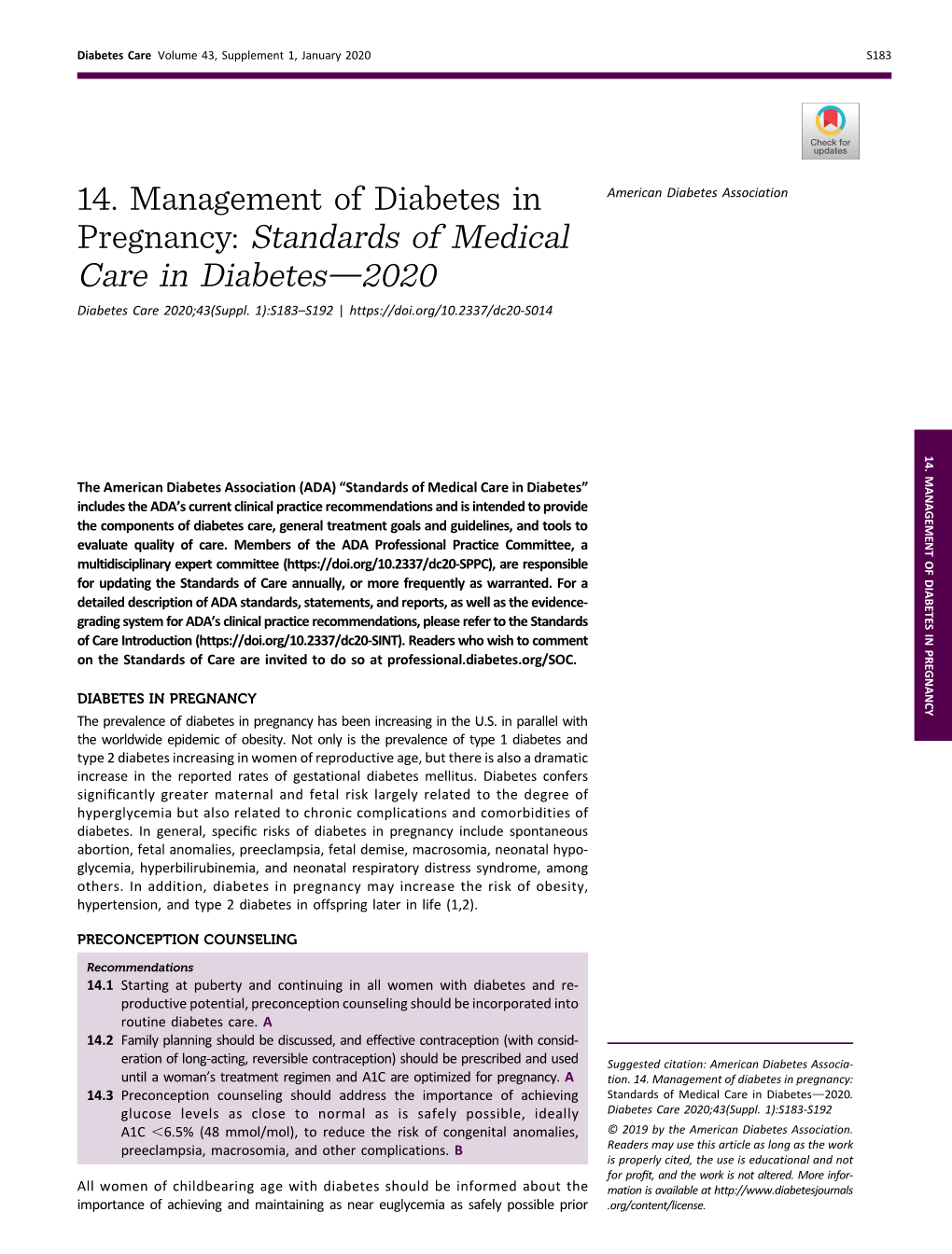 14. Management of Diabetes in Pregnancy: Standards of Medical