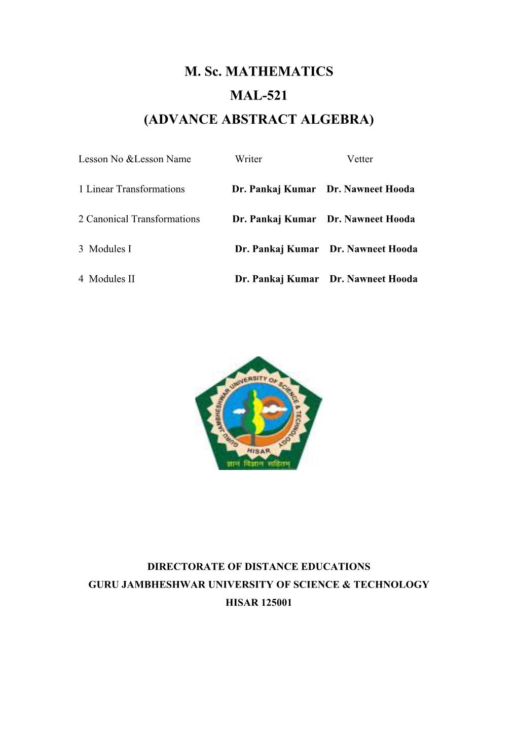 M. Sc. MATHEMATICS MAL-521 (ADVANCE ABSTRACT ALGEBRA)