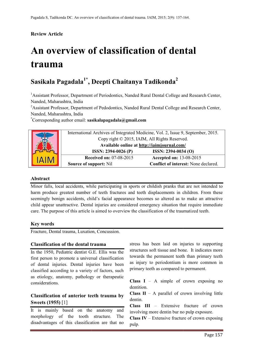 An Overview of Classification of Dental Trauma