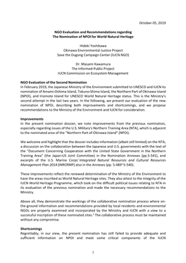 October 05, 2019 NGO Evaluation and Recommendations Regarding The