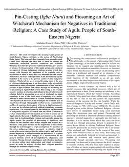 Pin-Casting (Igba Ntutu) and Piosoning an Art of Witchcraft Mechanism for Negatives in Traditional Religion: a Case Study of Agulu People of South- Eastern Nigeria