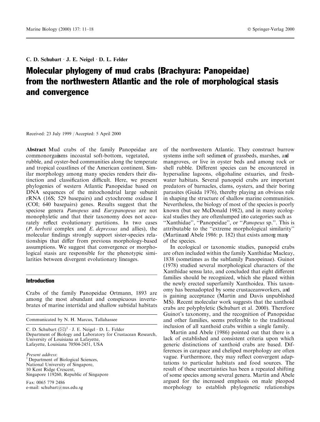 Molecular Phylogeny of Mud Crabs (Brachyura: Panopeidae) from The