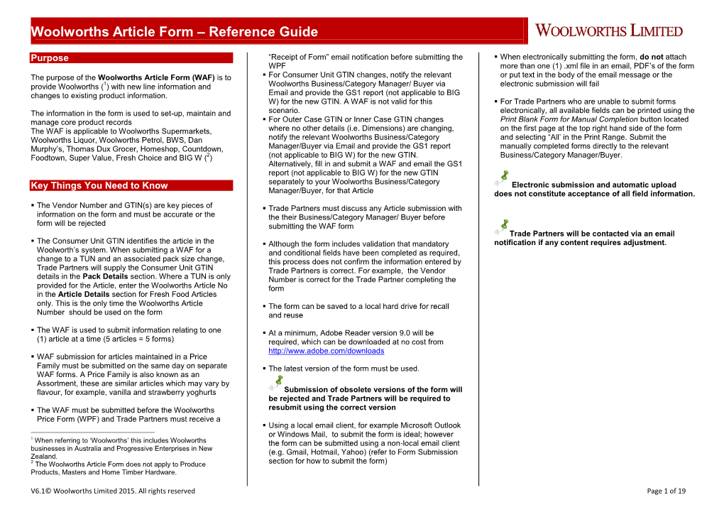 Woolworths Article Form – Reference Guide