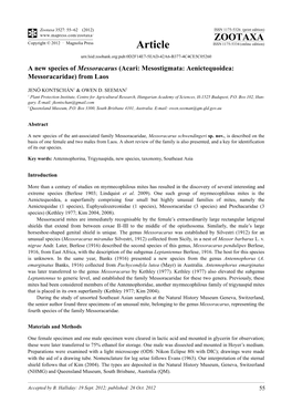 Acari: Mesostigmata: Aenictequoidea: Messoracaridae) from Laos