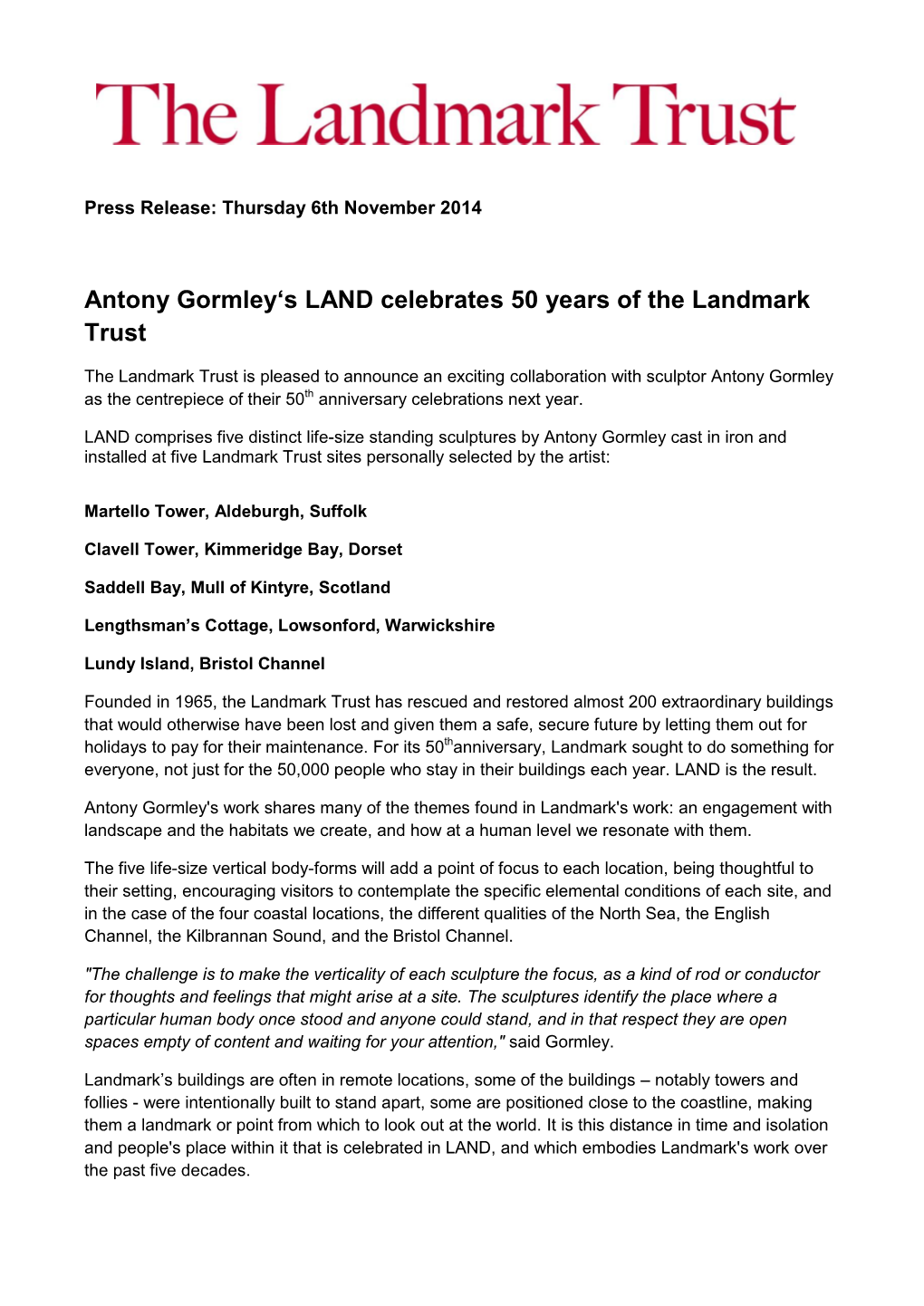 Antony Gormley's LAND Celebrates 50 Years of the Landmark Trust