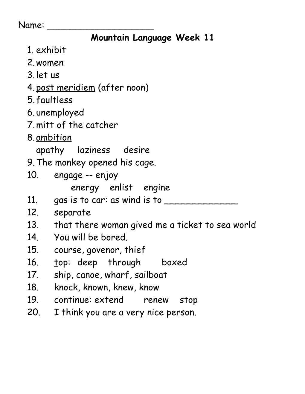 Mountain Language Answer Sheet