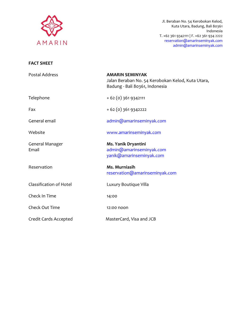 FACT SHEET Postal Address AMARIN SEMINYAK Jalan Beraban No. 54