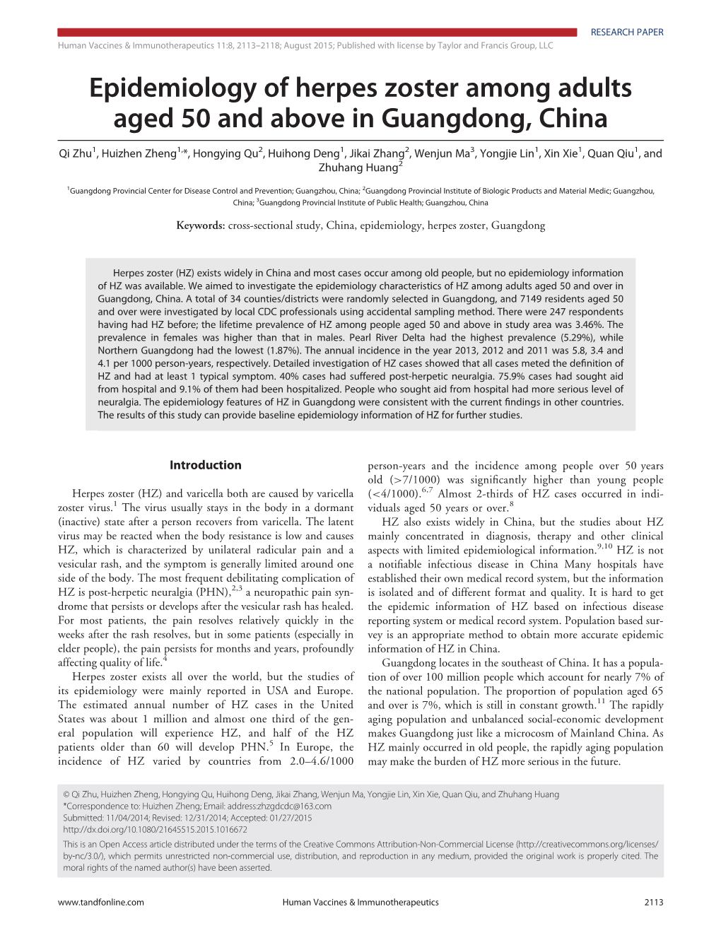 Epidemiology of Herpes Zoster Among Adults Aged 50 and Above in Guangdong, China