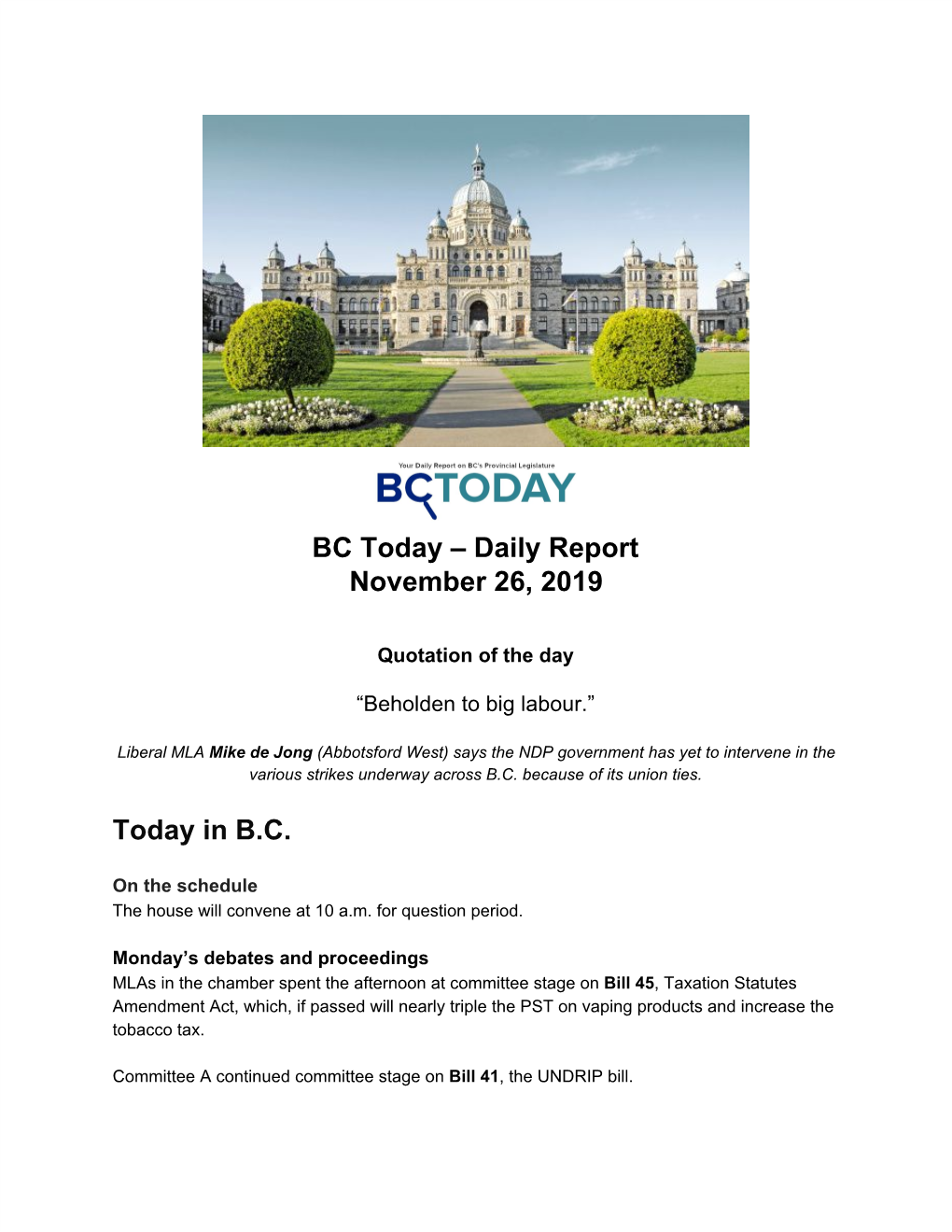 BC Today – Daily Report November 26, 2019 Today