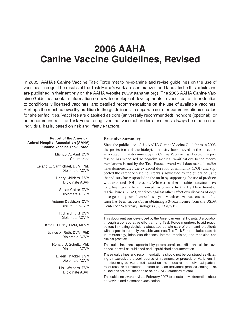 2006 AAHA Canine Vaccine Guidelines, Revised