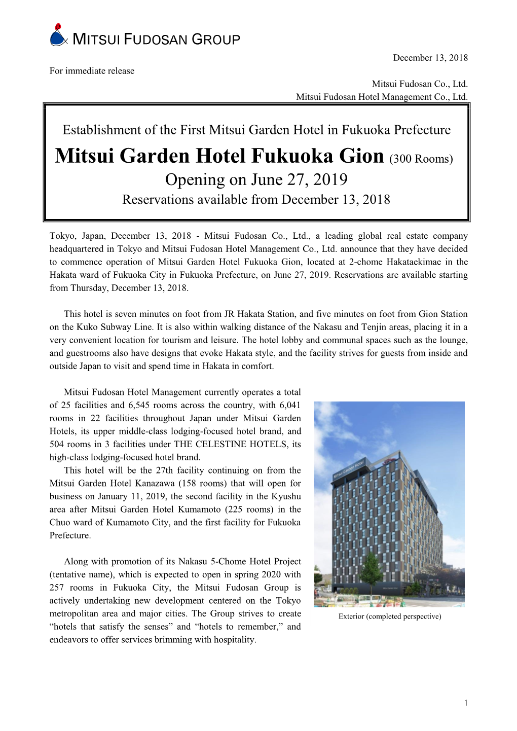 Mitsui Garden Hotel Fukuoka Gion (300 Rooms) Opening on June 27, 2019 Reservations Available from December 13, 2018