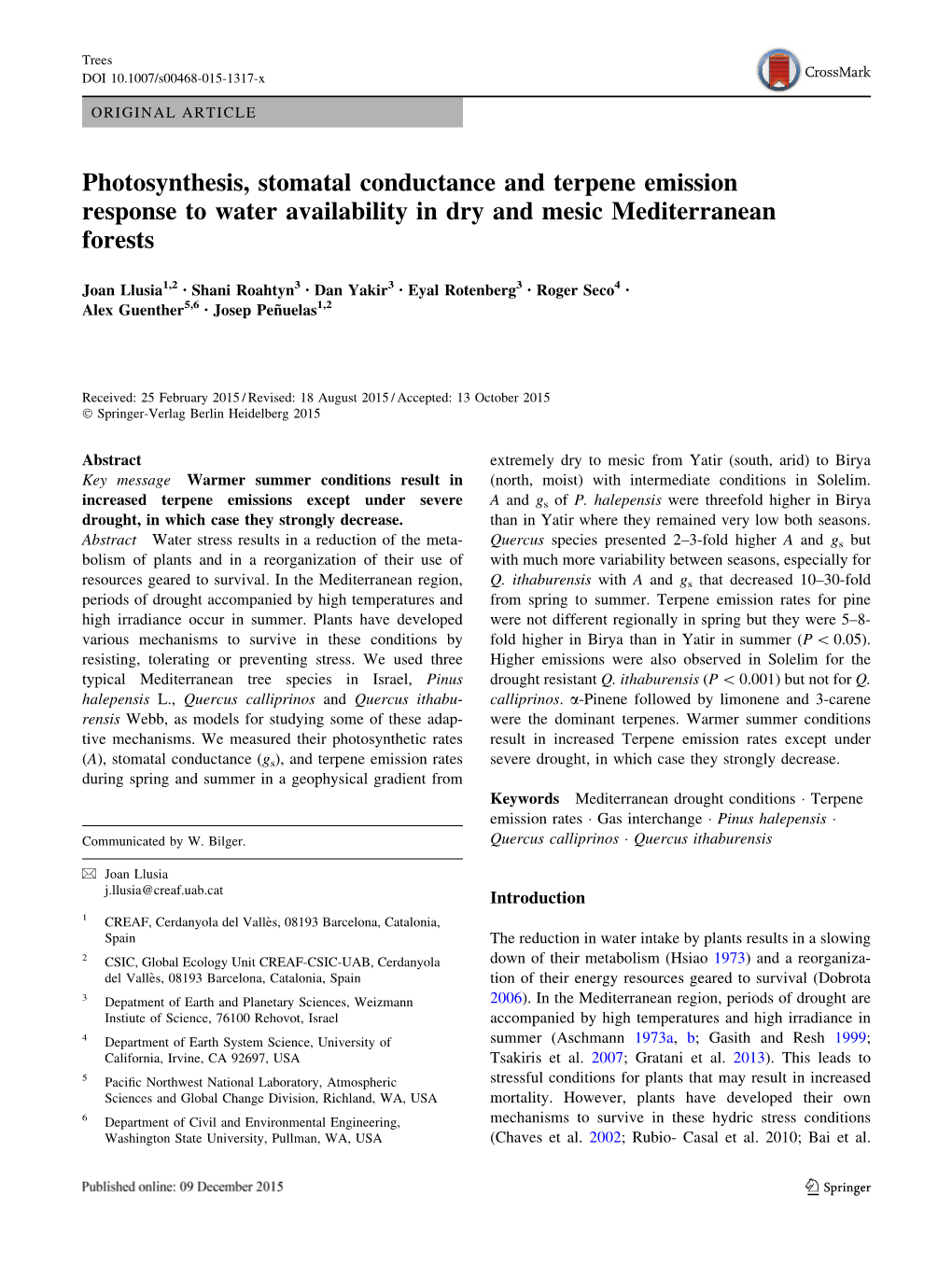 Phtosynthesis, Stomatal Conductance and Terpene Emission Response To