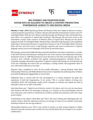 Big Synergy and Phantom Films Enter Into an Alliance to Create a Content Production Powerhouse Across Tv and Digital Media