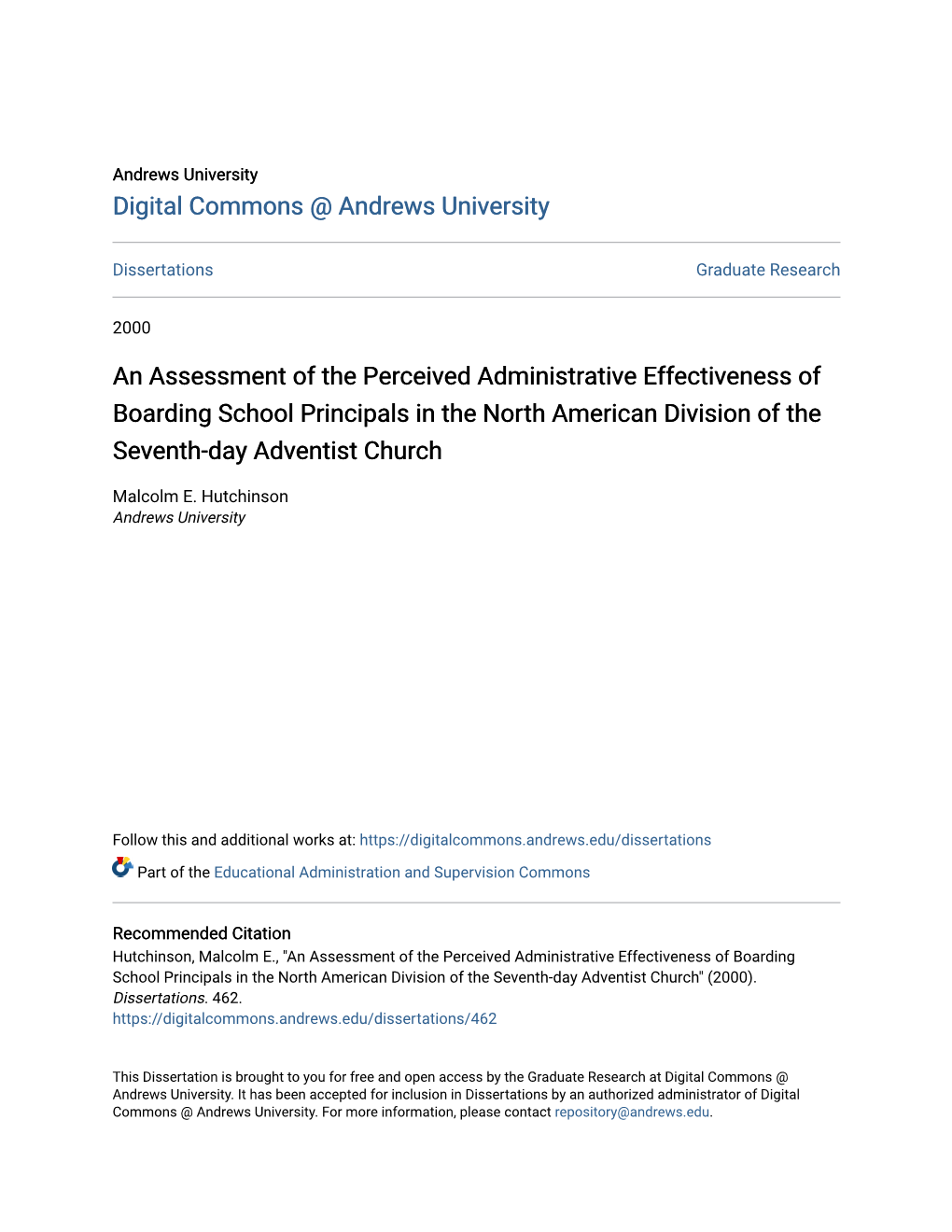 An Assessment of the Perceived Administrative Effectiveness of Boarding School Principals in the North American Division of the Seventh-Day Adventist Church