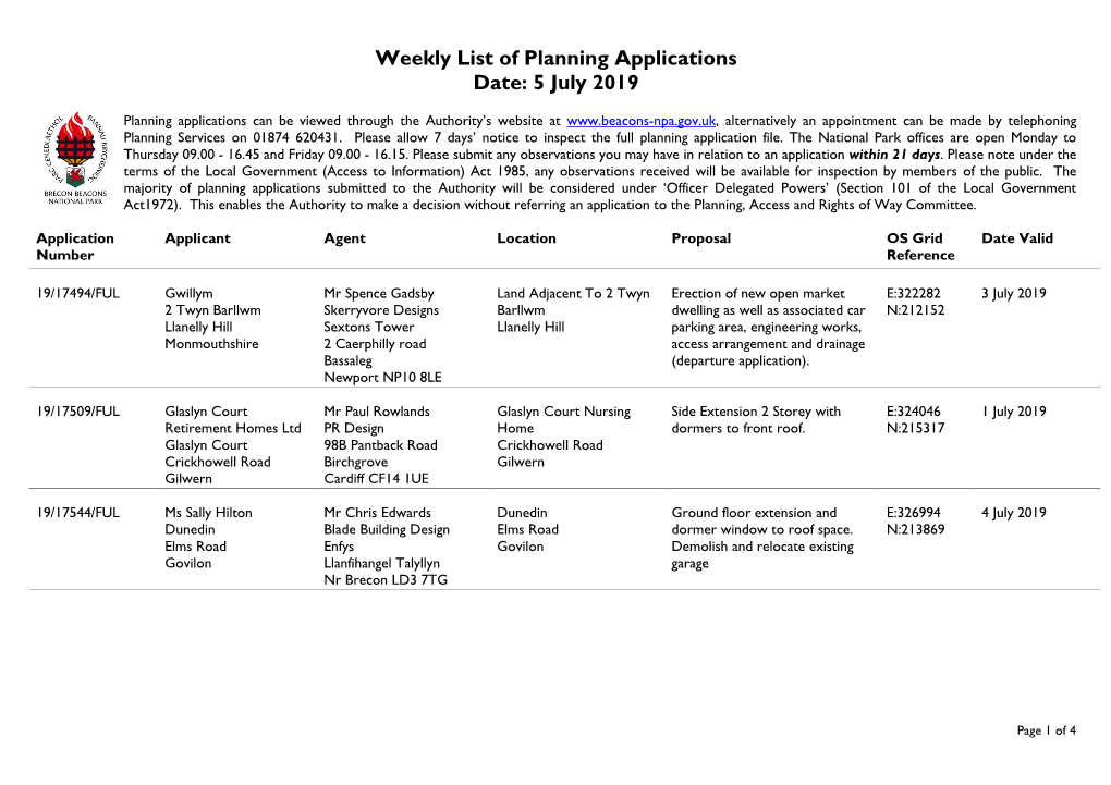 Weekly List of Planning Applications Date: 5 July 2019