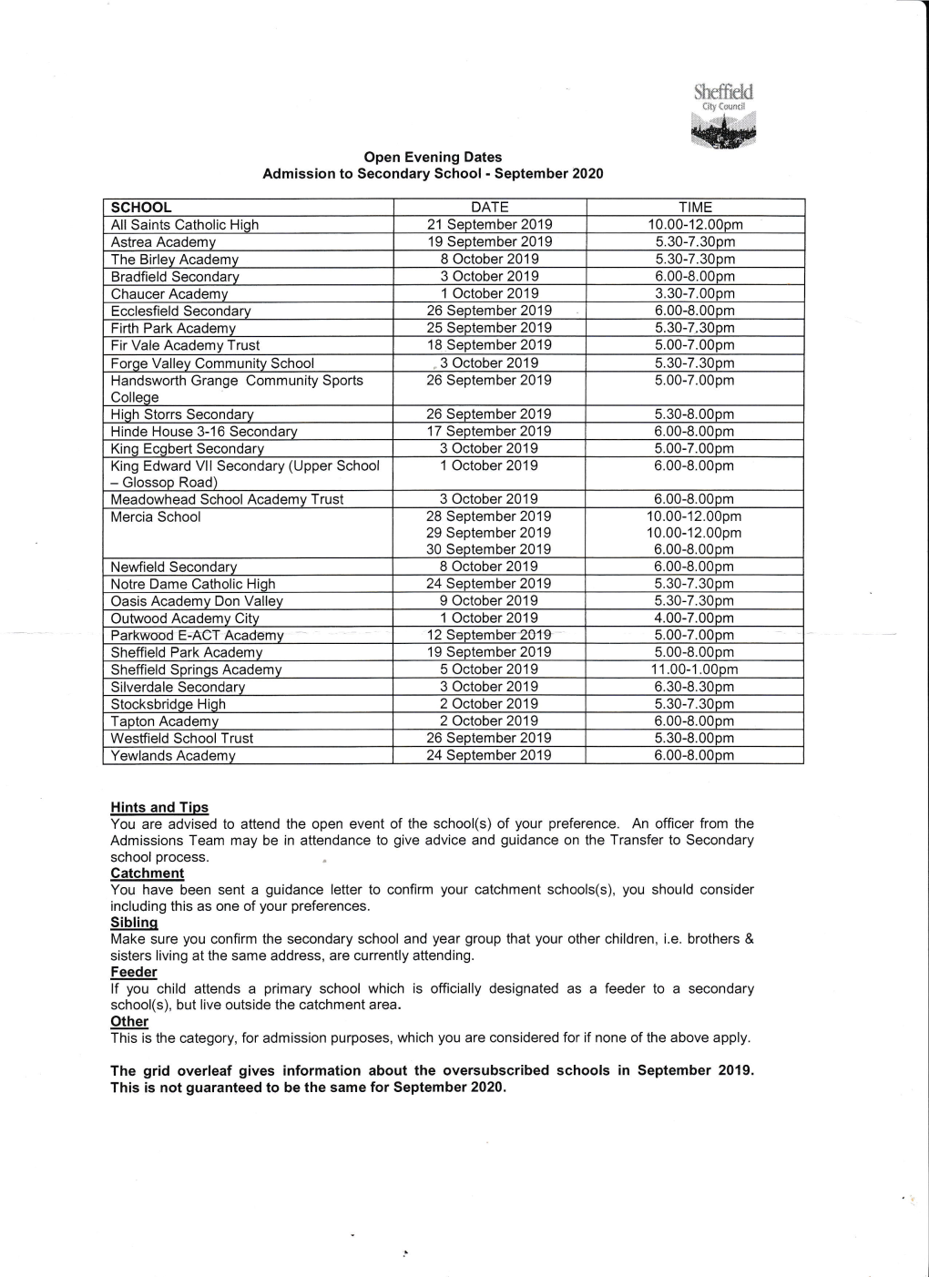 Admission to Secondary School - September 2020