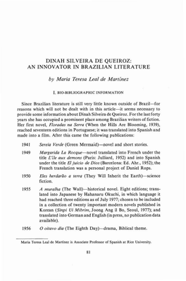 DINAH SILVEIRA DE QUEIROZ: an INNOVATOR in BRAZILIAN LITERATURE by Maria Teresa Leal De Martinez