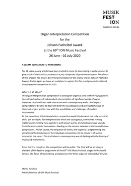 Organ Interpretation Competition for the Johann Pachelbel Award at the 69Th ION Music Festival 26 June - 02 July 2020