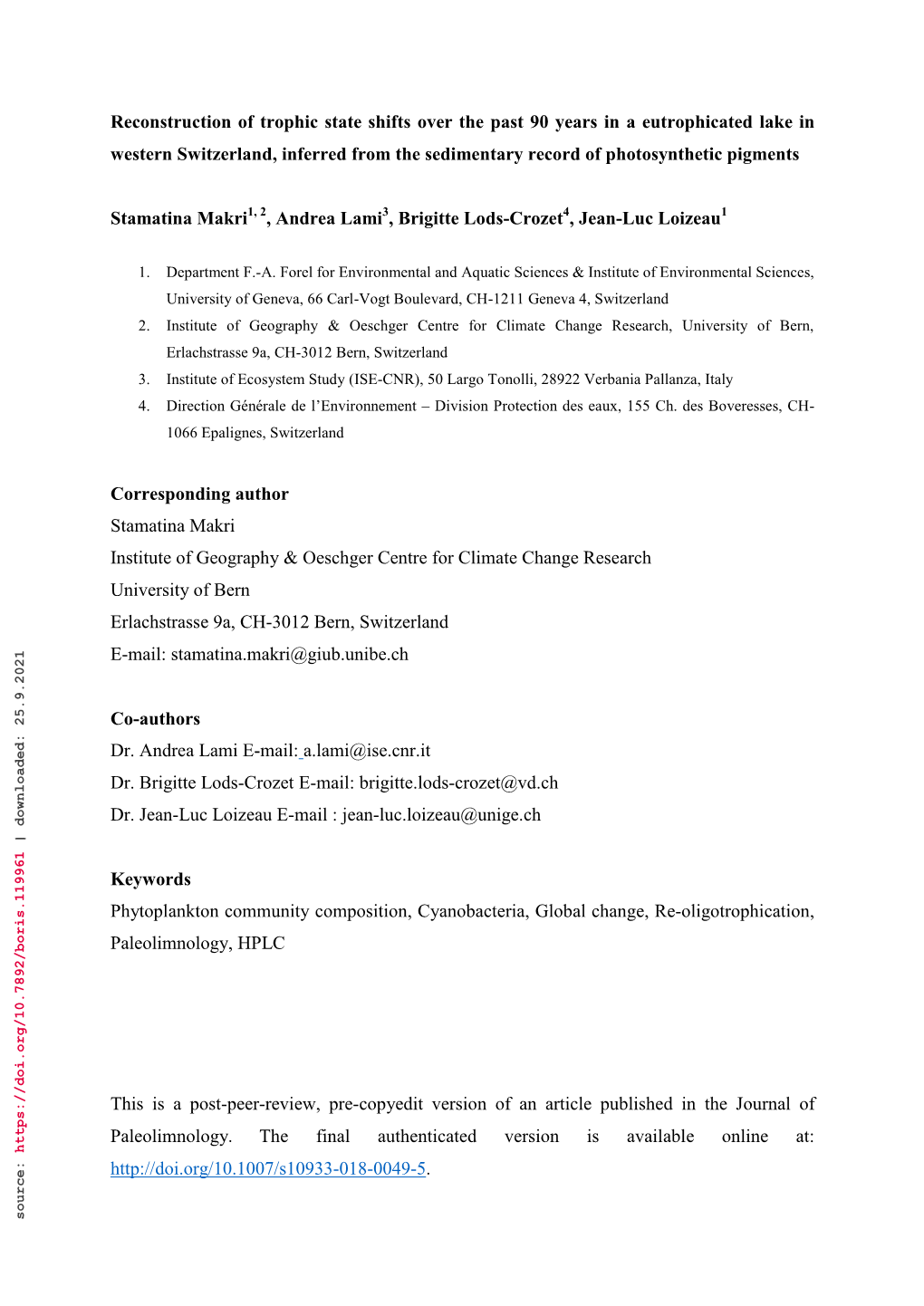 Reconstruction of Trophic State Shifts Over the Past 90 Years in A