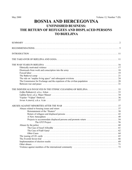 Bosnia and Hercegovina Unfinished Business: the Return of Refugees and Displaced Persons to Bijeljina