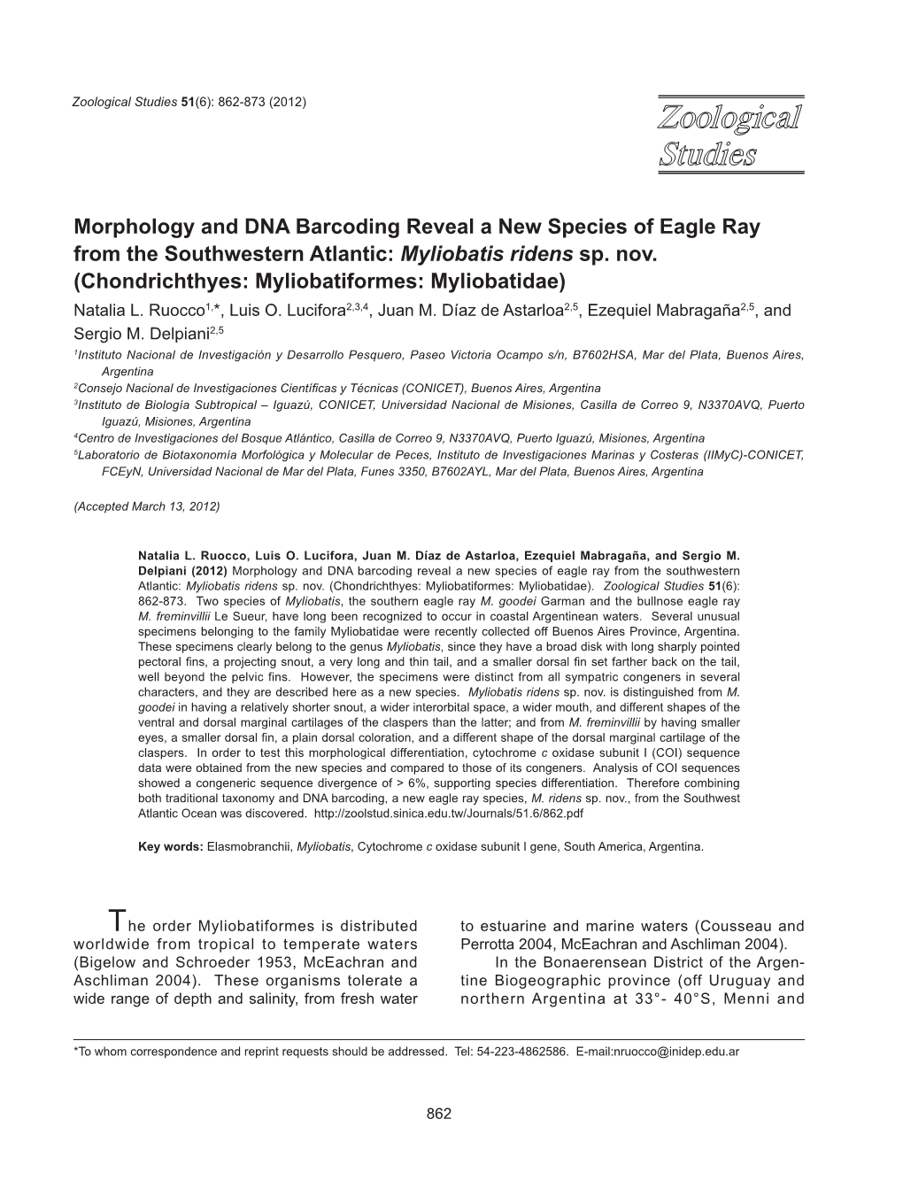 Morphology and DNA Barcoding Reveal a New Species of Eagle Ray from the Southwestern Atlantic: Myliobatis Ridens Sp