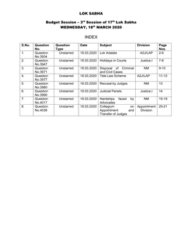 3Rd Session of 17Th Lok Sabha WEDNESDAY, 18Th MARCH 2020
